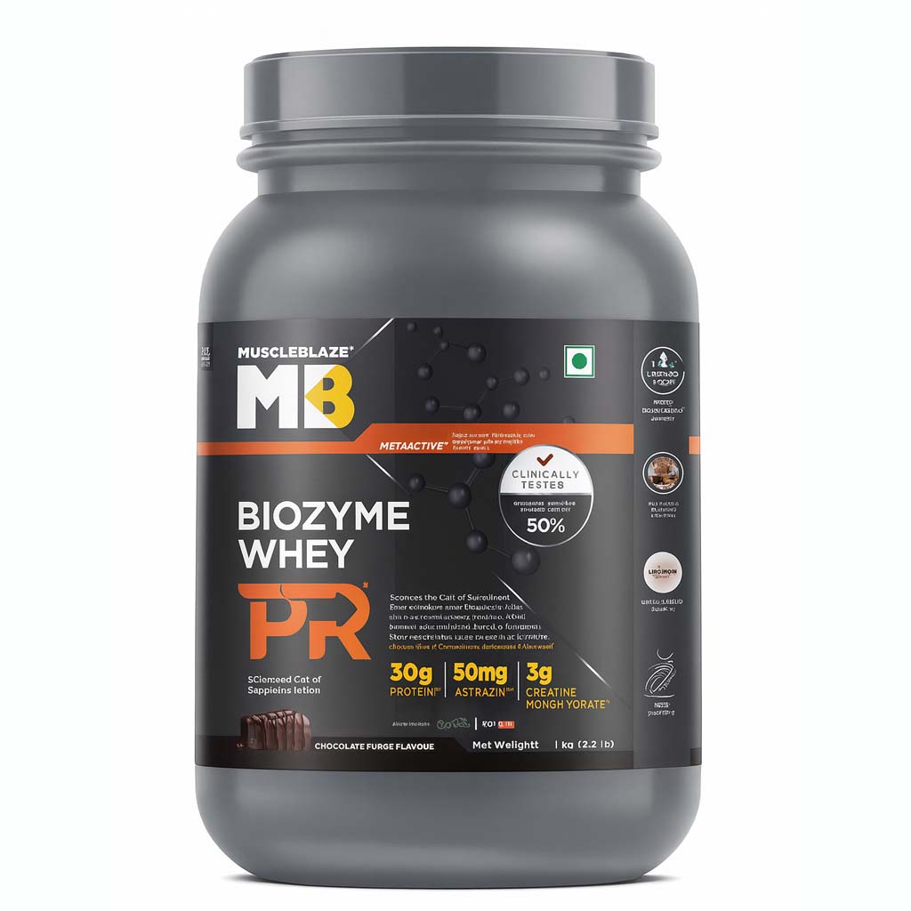 MuscleBlaze Biozyme Whey Protein PR Powder with 30g Protein, 3g Creatine Monohydrate & 50mg AstraGin (Molten Chocolate Cake, 1kg / 2.2lbs) | Trustified Gold Certified